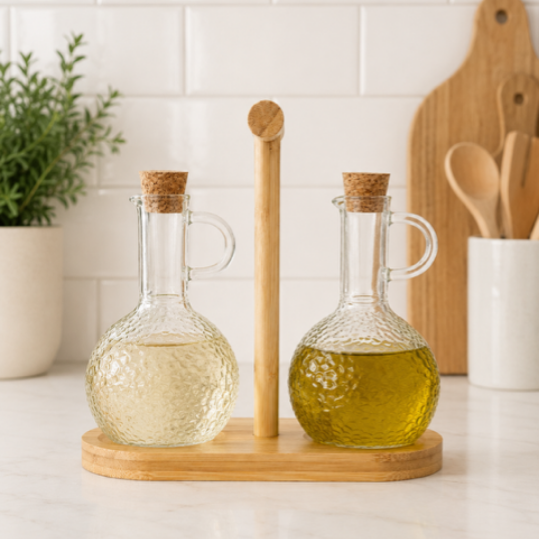 Olieflessen met Houten Houder-Set van 2-350ML