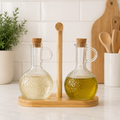 Olieflessen met Houten Houder-Set van 2-350ML