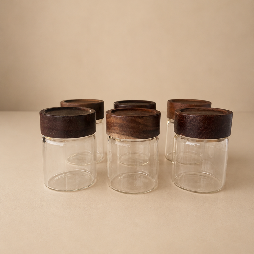 Glazen Kruidenpotjes met Houten Deksel-Set van 6