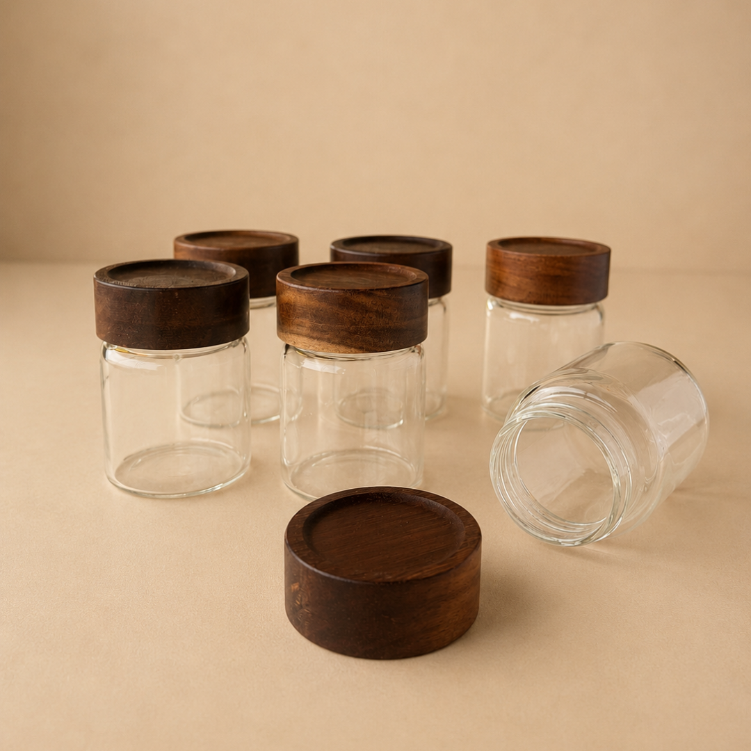 Glazen Kruidenpotjes met Houten Deksel-Set van 6