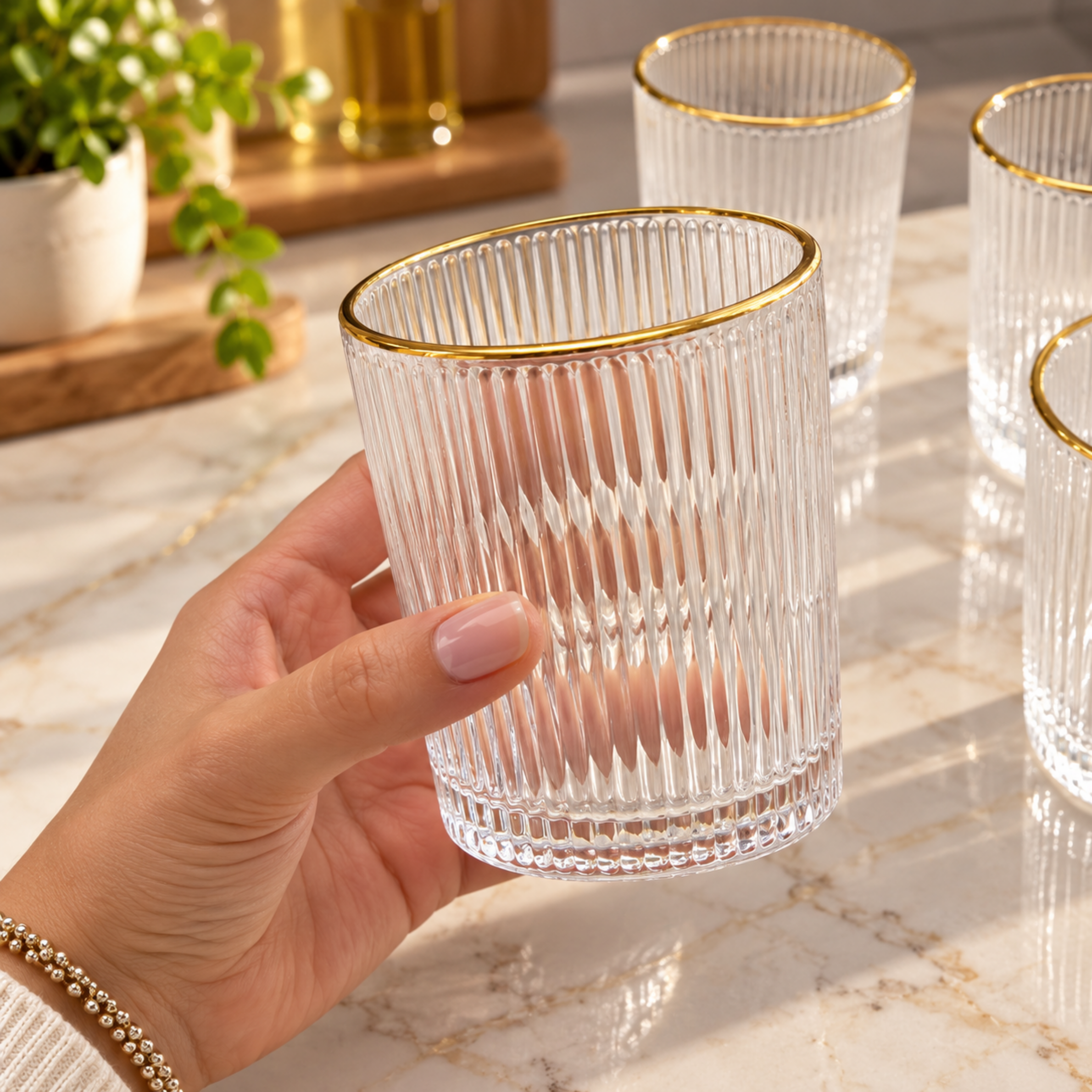 Geribbelde Drinkglazen met Gouden Rand Set van 6 – 300 ML
