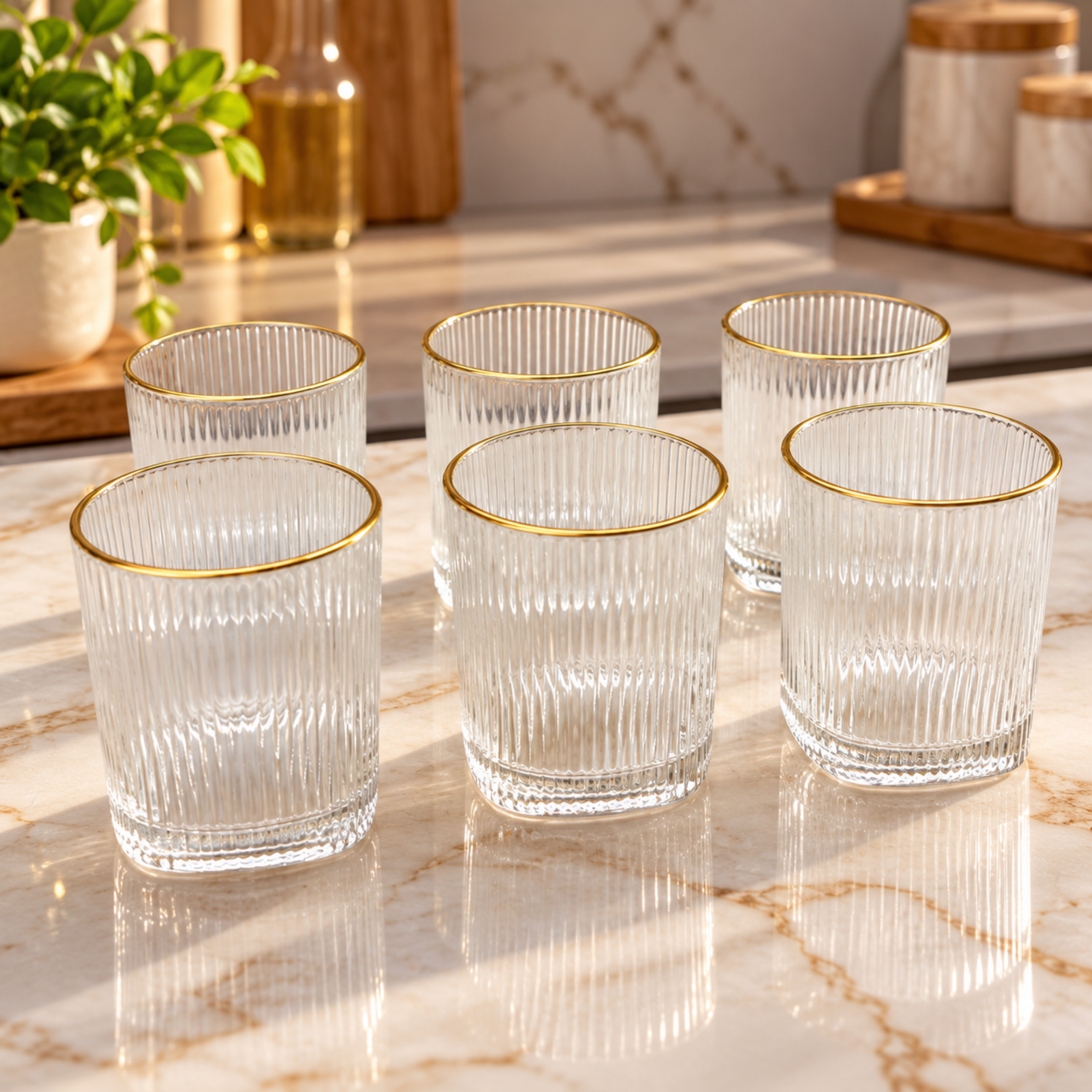 Geribbelde Drinkglazen met Gouden Rand Set van 6 – 300 ML