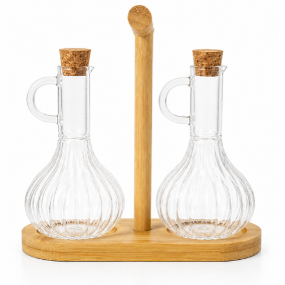 Ribbel Olieflessen met Houten Houder-Set van 2