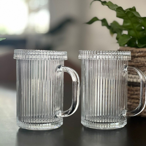 Aurora Cup – Luxe Geribbelde Glazen Mok met Deksel | 400ml | Voor Warme & Koude Dranken | 2Stuks