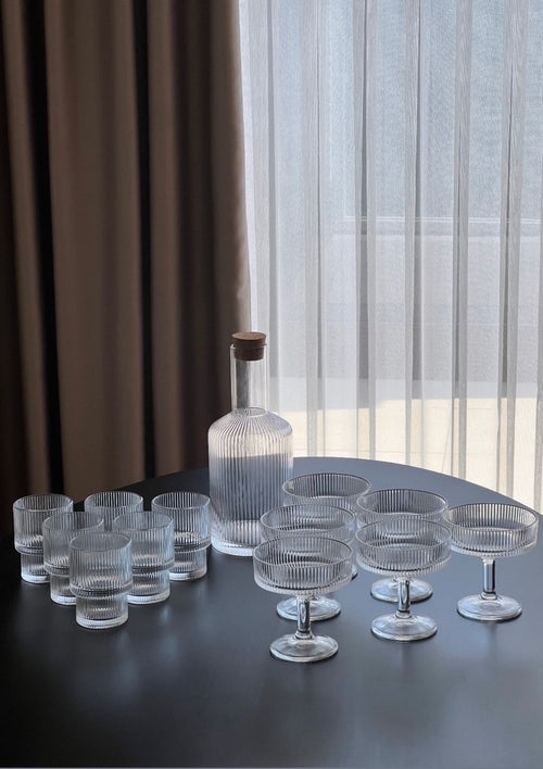 Luxe Glaswerkset – Karaf + 6 Ripple Glazen 180ml + 6 Dessertglazen op Voet 220ml