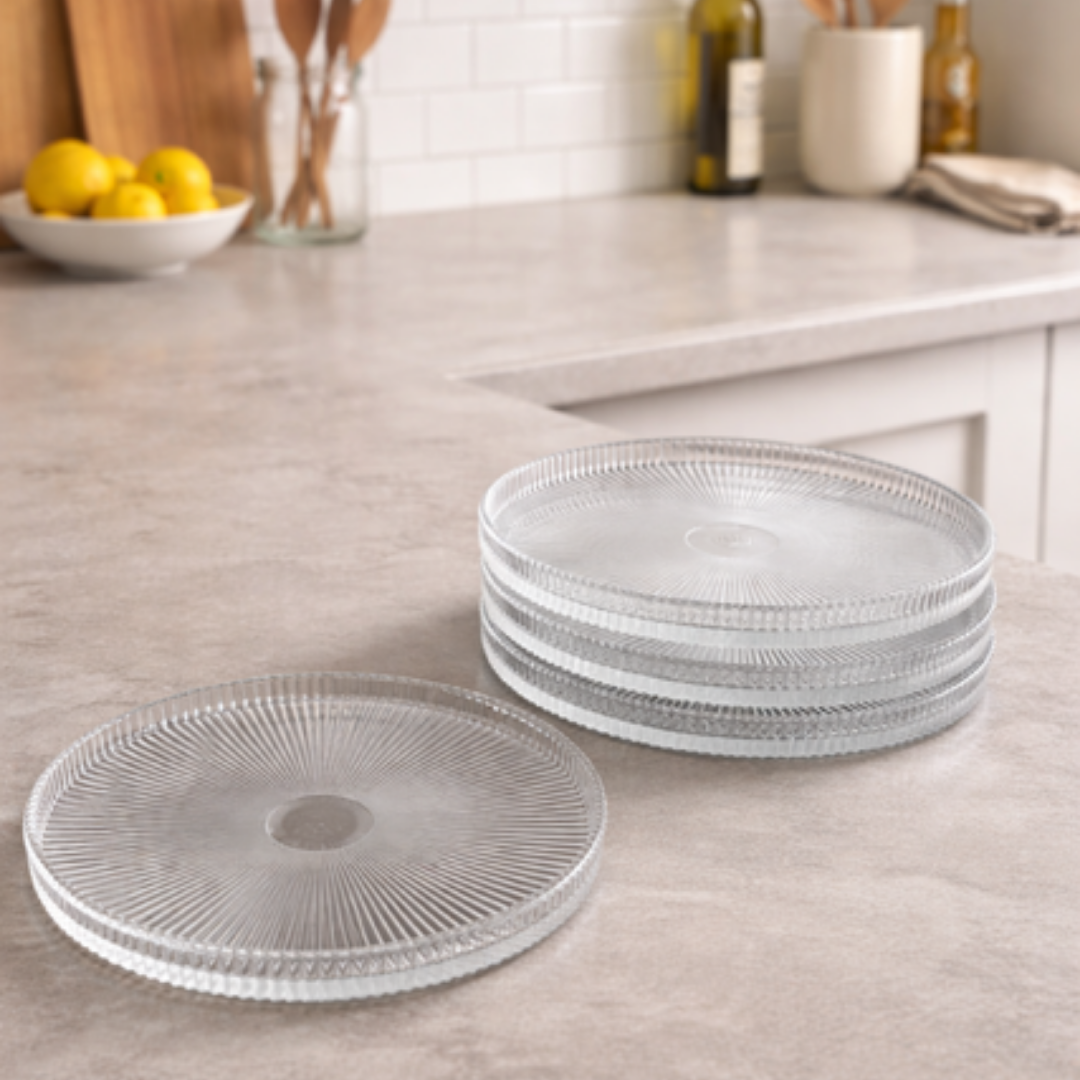 Geribbelde Glazen Dessertborden – Set van 4 – Ø21 cm