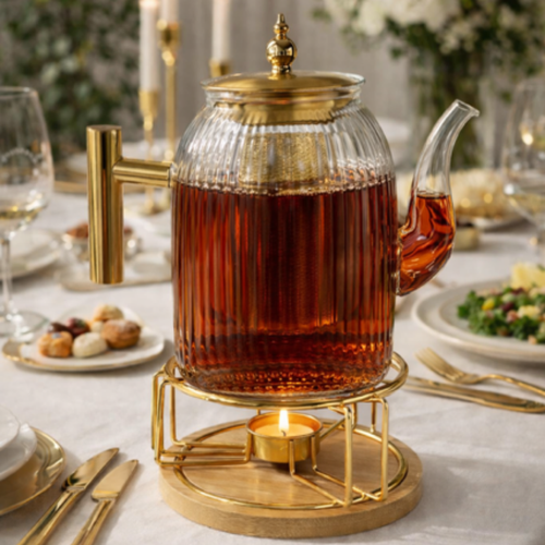 Luxe Glazen Theepot met Filter & goudkleurige theelichthouder-1200ml