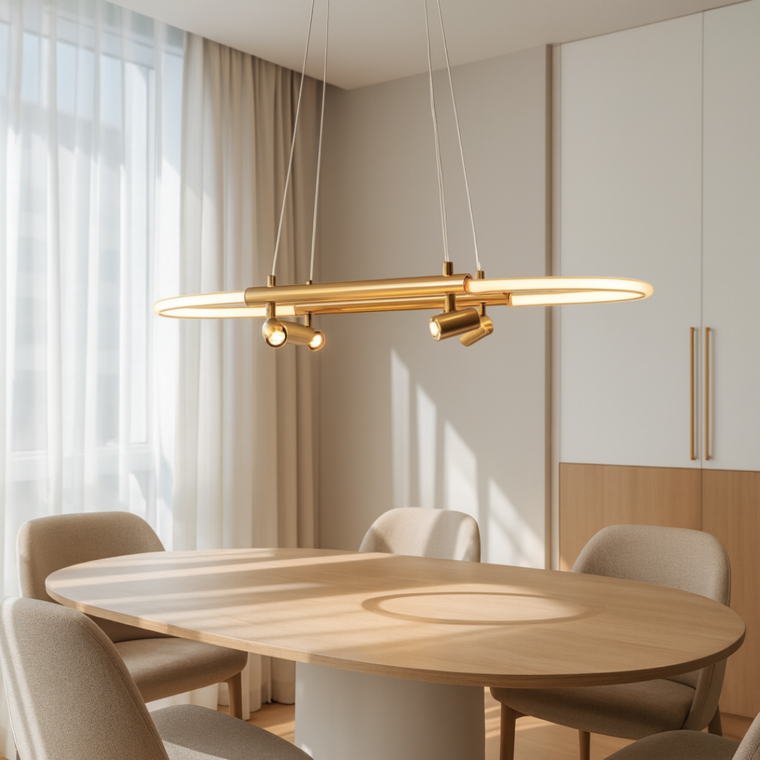 Ovale LED Hanglamp Brushed Gold 85×30 cm – Moderne Tub Hanglamp met 4 Verstelbare Spots