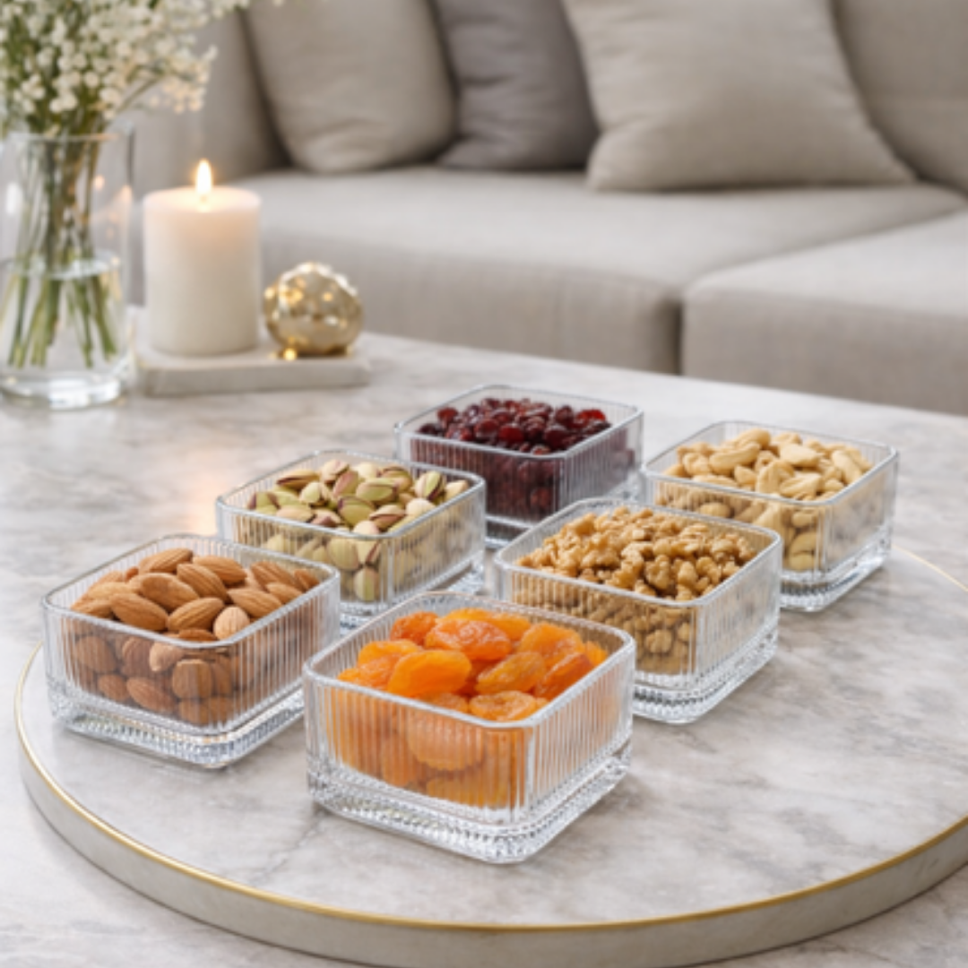 Vierkante Glazen Schaaltjes met Ribbel –Snack Bowls Set van 6