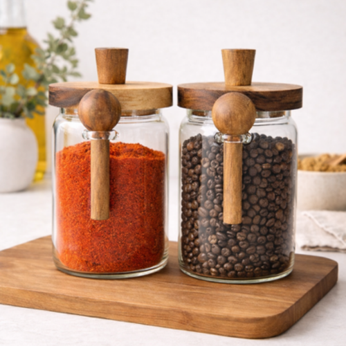 Glazen Voorraadpot met Acacia Houten Deksel & Lepel