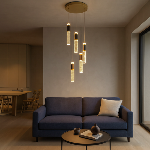 Luxe gouden hanglamp LED met 5 Pendels – Goud – Ø30 x 110 cm