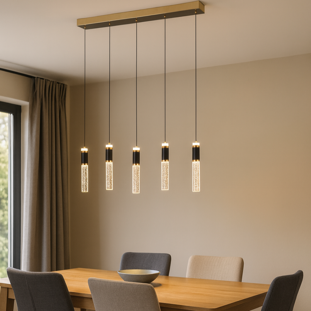 Moderne Eettafellamp / met 5 Pendels – Goud – L110 cm – Dimbaar